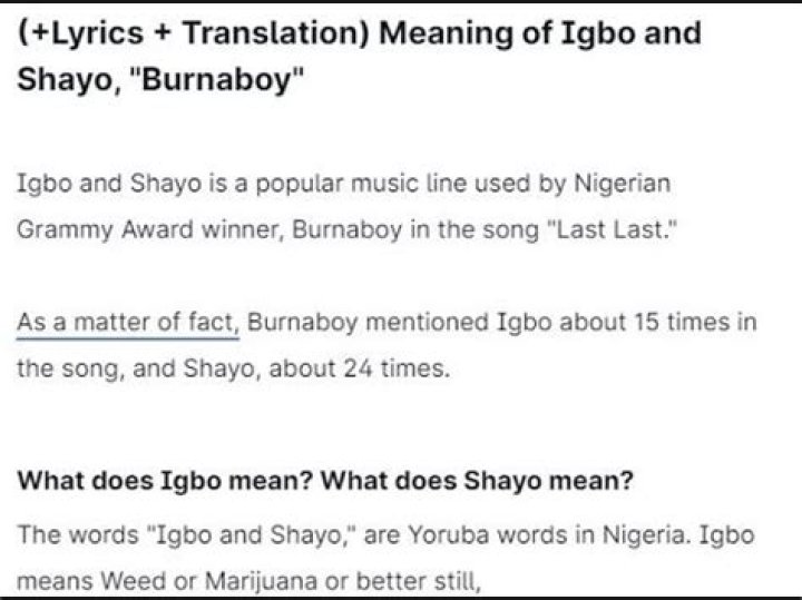 Igbo and Shayo meaning in English