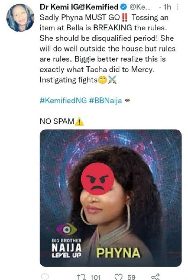 
Kemi Olunloyo compares Phyna with Tacha as she calls for her disqualification 